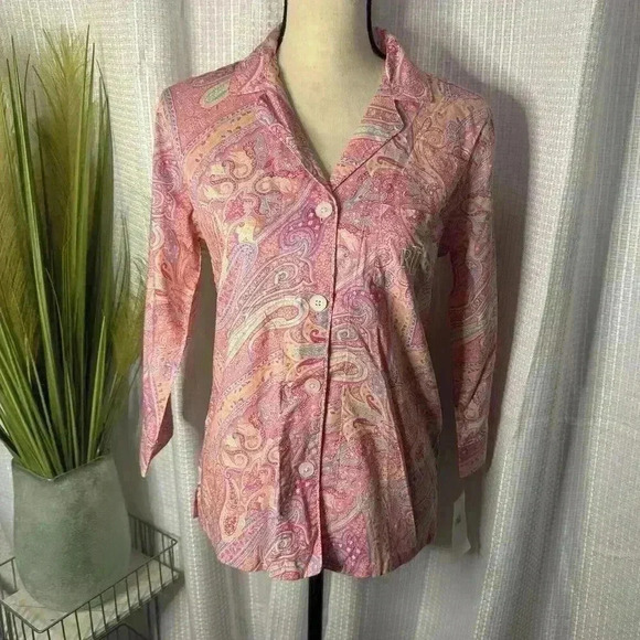 NEW Lauren Ralph Lauren Womens XS Pink Paisley Black Label Pajama Top 3/4 Sleeve - Picture 1 of 8